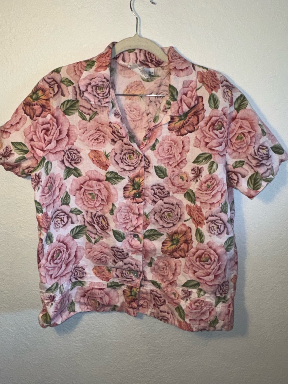 Hot Cotton Marc Ware 100% Linen Pink Rose Print Short Sleeve Button Down Top M